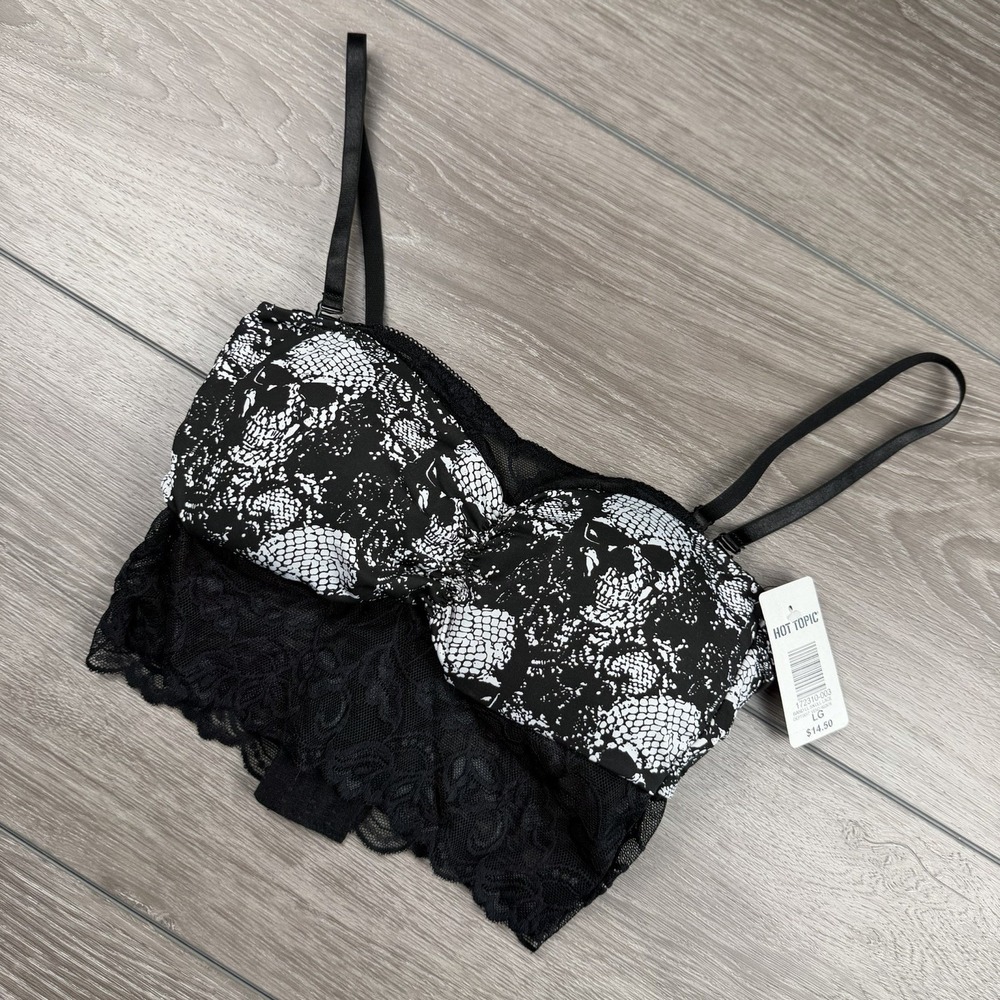 Hot Topic Women's Lace Trim Skulls Bralette Black Size Large‎ New
